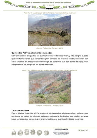 Página | 57
Plan de Desarrollo Urbano de la Ciudad de Huánuco
2019 - 2029
Foto 1.3-1: Laderas de Montañas circunda la ciudad de Huánuco
Fuente: Trabajo de Campo – 2019
Quebradas Activas, altamente empinadas
Son formaciones alargadas, las cuales tienen condiciones de muy alto peligro, puesto
que son formaciones que concentran gran cantidad de material suelto y discurren por
áreas urbanas en dirección al rio Huallaga, se considera que son zonas de alto y muy
alto potencial de peligro en las zonas de trabajo.
Foto 1.3-2: Quebradas de paredes verticales en la zona de Las Moras
Fuente: Trabajo de Campo – 2019
Terrazas aluviales
Esta unidad se desarrolla a lo largo de una franja paralela a lo largo del rio Huallaga, con
pendiente de baja y condiciones estables, es importante detallar que existen terrazas
bajas terrazas alta, siendo la primera inundable ante eventos climáticos extremos.
 