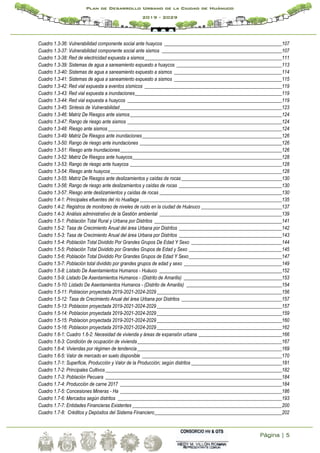 Página | 5
Plan de Desarrollo Urbano de la Ciudad de Huánuco
2019 - 2029
Cuadro 1.3-36: Vulnerabilidad componente social ante huaycos ________________________________________________107
Cuadro 1.3-37: Vulnerabilidad componente social ante sismos _________________________________________________107
Cuadro 1.3-38: Red de electricidad expuesta a sismos________________________________________________________111
Cuadro 1.3-39: Sistemas de agua a saneamiento expuesto a huaycos ___________________________________________113
Cuadro 1.3-40: Sistemas de agua a saneamiento expuesto a sismos ____________________________________________114
Cuadro 1.3-41: Sistemas de agua a saneamiento expuesto a sismos ____________________________________________115
Cuadro 1.3-42: Red vial expuesta a eventos sísmicos ________________________________________________________119
Cuadro 1.3-43: Red vial expuesta a inundaciones____________________________________________________________119
Cuadro 1.3-44: Red vial expuesta a huaycos _______________________________________________________________119
Cuadro 1.3-45: Sintesis de Vulnerabilidad__________________________________________________________________123
Cuadro 1.3-46: Matriz De Riesgos ante sismos______________________________________________________________124
Cuadro 1.3-47: Rango de riesgo ante sismos _______________________________________________________________124
Cuadro 1.3-48: Riesgo ante sismos_______________________________________________________________________124
Cuadro 1.3-49: Matriz De Riesgos ante inundaciones_________________________________________________________126
Cuadro 1.3-50: Rango de riesgo ante inundaciones __________________________________________________________126
Cuadro 1.3-51: Riesgo ante Inundaciones__________________________________________________________________126
Cuadro 1.3-52: Matriz De Riesgos ante huaycos_____________________________________________________________128
Cuadro 1.3-53: Rango de riesgo ante huaycos ______________________________________________________________128
Cuadro 1.3-54: Riesgo ante huaycos______________________________________________________________________128
Cuadro 1.3-55: Matriz De Riesgos ante deslizamientos y caídas de rocas_________________________________________130
Cuadro 1.3-56: Rango de riesgo ante deslizamientos y caídas de rocas __________________________________________130
Cuadro 1.3-57: Riesgo ante deslizamientos y caídas de rocas __________________________________________________130
Cuadro 1.4-1: Principales efluentes del rio Huallaga __________________________________________________________135
Cuadro 1.4-2: Registros de monitoreo de niveles de ruido en la ciudad de Huánuco _________________________________137
Cuadro 1.4-3: Análisis administrativo de la Gestión ambiental __________________________________________________139
Cuadro 1.5-1: Población Total Rural y Urbana por Distritos ____________________________________________________141
Cuadro 1.5-2: Tasa de Crecimiento Anual del área Urbana por Distritos __________________________________________142
Cuadro 1.5-3: Tasa de Crecimiento Anual del área Urbana por Distritos __________________________________________143
Cuadro 1.5-4: Población Total Dividido Por Grandes Grupos De Edad Y Sexo _____________________________________144
Cuadro 1.5-5: Población Total Dividido por Grandes Grupos de Edad y Sexo ______________________________________145
Cuadro 1.5-6: Población Total Dividido Por Grandes Grupos de Edad Y Sexo______________________________________147
Cuadro 1.5-7: Población total dividido por grandes grupos de edad y sexo ________________________________________149
Cuadro 1.5-8: Listado De Asentamientos Humanos - Huáuco __________________________________________________152
Cuadro 1.5-9: Listado De Asentamientos Humanos - (Distrito de Amarilis) ________________________________________153
Cuadro 1.5-10: Listado De Asentamientos Humanos - (Distrito de Amarilis) _______________________________________154
Cuadro 1.5-11: Poblacion proyectada 2019-2021-2024-2029 ___________________________________________________156
Cuadro 1.5-12: Tasa de Crecimiento Anual del área Urbana por Distritos _________________________________________157
Cuadro 1.5-13: Poblacion proyectada 2019-2021-2024-2029 ___________________________________________________157
Cuadro 1.5-14: Poblacion proyectada 2019-2021-2024-2029 ___________________________________________________159
Cuadro 1.5-15: Poblacion proyectada 2019-2021-2024-2029 ___________________________________________________160
Cuadro 1.5-16: Poblacion proyectada 2019-2021-2024-2029 ___________________________________________________162
Cuadro 1.6-1: Cuadro 1.6-2: Necesidad de vivienda y áreas de expansión urbana __________________________________166
Cuadro 1.6-3: Condición de ocupación de vivienda___________________________________________________________167
Cuadro 1.6-4: Viviendas por régimen de tendencia___________________________________________________________169
Cuadro 1.6-5: Valor de mercado en suelo disponible _________________________________________________________170
Cuadro 1.7-1: Superficie, Producciòn y Valor de la Producciòn; segùn distritos _____________________________________181
Cuadro 1.7-2: Principales Cultivos________________________________________________________________________182
Cuadro 1.7-3: Población Pecuara ________________________________________________________________________184
Cuadro 1.7-4: Producción de carne 2017 __________________________________________________________________184
Cuadro 1.7-5: Concesiones Mineras - Ha __________________________________________________________________186
Cuadro 1.7-6: Mercados según distritos ___________________________________________________________________193
Cuadro 1.7-7: Entidades Financieras Existentes _____________________________________________________________200
Cuadro 1.7-8: Créditos y Depósitos del Sistema Financiero____________________________________________________202
 