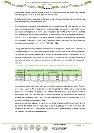 Página | 72
Plan de Desarrollo Urbano de la Ciudad de Huánuco
2019 - 2029
consideran varias fuentes basta sumar las contribuciones de todas las fuentes
sísmicas, para obtener la tasa de excedencia total.
El peligro sísmico se expresa, entonces en términos de la tasa de excedencia de
valores dados de intensidad sísmica.
En el presente estudio se utilizó las fuentes de subducción F2 y F3 asumiendo que
estas fuentes presentan mecanismos focales del tipo compresivo, o de falla inversa,
las cuales corresponden a sismos de subducción de interfase. Así mismo, se utilizó
las fuentes de subducción de intraplaca superficial F7 y F8, e intraplaca intermedia,
F11, F12 y F14, asumiendo que estas fuentes presentan mecanismos focales del
tipo tensional, o de falla normal. Adicionalmente, fueron tomadas para el análisis las
fuentes continentales F15, F16, F17, F18, F19 y F20.
La siguiete tabla los resultados obtenidos con el programa CRISIS 2007 versión 7.6
correspondiente a las máximas aceleraciones horizontales esperadas en el punto
de análisis para suelo tipo B (roca) y para suelo tipo C (suelo muy denso). Estos
valores se han estimado para los diferentes modelos de atenuación utilizados y
diversos periodos de retorno, considerando 50 años de periodo de exposición
sísmica.
Cuadro 1.3-6: Aceleraciones espectrales en roca y suelo muy denso para T = 0,0
Fuente: IGP - Instituto Geofísico del Perú
La selección del movimiento sísmico de diseño depende del tipo de obra. Para el
proyecto, según la Norma de Diseño Sismorresistente E.030, para el sismo de
diseño se considera un periodo de retorno de 475 años, que corresponde a
estructuras con una vida útil de 50 años y un nivel de excedencia del valor de
aceleración propuesto de 10%. Esto es consistente con lo establecido por el
Ministerio de Energía y Minas (1995).
Lo anterior significa que, en la zona del proyecto, la aceleración horizontal máxima
del sismo de diseño para un suelo tipo B es de 0,255 g y un valor de aceleración
horizontal máxima de 0,326 g para un suelo tipo C, considerando la media (P.50)
del modelo de atenuación ponderado.
Modelo de
Atenuación
Ponderado
Aceleración horizontal máxima (g) de diferentes modelos de atenuación para un periodo de
retorno (años) de:
100 145 200 475 1000 2500
Roca (Tipo B) 0,146 0,168 0,189 0,255 0,326 0,429
Roca (Tipo C) 0,178 0,207 0,235 0,326 0,424 0,574
 