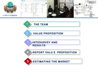 I + D+ I + C Bolivia




                       1   THE TEAM


                       2   VALUE PROPOSITION


                       3   INTESURVEY AND
                           RESULTS

                       4   REPORT VALU E PROPOSITION


                       5   ESTIMATING THE MARKET
 