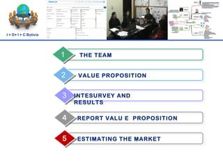 I + D+ I + C Bolivia




                       1    THE TEAM


                       2    VALUE PROPOSITION


                       3   INTESURVEY AND
                           RESULTS

                       4   REPORT VALU E PROPOSITION


                       5   ESTIMATING THE MARKET
 