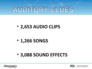 ? 2,653 AUDIO CLIPS

? 1,266 SONGS

? 3,088 SOUND EFFECTS
 