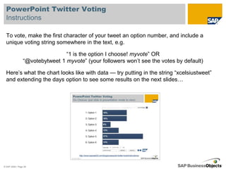 PowerPoint Twitter Voting
  Instructions

  To vote, make the first character of your tweet an option number, and include a
  unique voting string somewhere in the text, e.g.

                                 “1 is the option I choose! myvote” OR
                 “@votebytweet 1 myvote” (your followers won’t see the votes by default)

  Here’s what the chart looks like with data — try putting in the string “xcelsiustweet”
  and extending the days option to see some results on the next slides…




© SAP 2009 / Page 28
 
