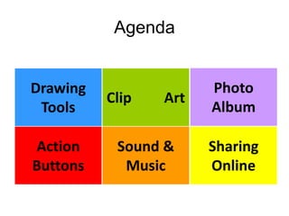 Agenda


Drawing                Photo
          Clip   Art
 Tools                 Album

Action     Sound &     Sharing
Buttons     Music      Online
 