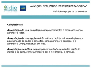 AVANÇOS  REALIZADOS: PRÁTICAS PEDAGÓGICAS Definição de grupos de competências Competências  Apropriação do uso , sua relação com procedimentos e processos, com o aprender a fazer. Apropriação da concepção   de informática e de Internet, sua relação com a apropriação de dados e conceitos, com o aprender a conhecer e o aprender a viver juntos/atuar em rede. Apropriação simbólica , sua relação com reflexões e atitudes diante do mundo e do outro, com o aprender a ser e, novamente, o conviver. 