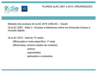 PLANOS eLAC 2007 e 2010: ORGANIZAÇÃO  Medição dos avanços do eLAC 2010 (OSILAC – Cepal) eLAC 2007 - Meta 3 - Escolas e bibliotecas online (na dimensão Acesso e inclusão digital) eLAC 2010 - total de 73 metas.  Educação é meta específica; 1ª meta Submetas:  entorno (dados de contexto) acesso capacidades aplicações e conteúdos 