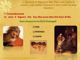 « Amerai il Signore Dio Tuo con tutto il cuore, con tutta l’anima e con tutta la tua mente»1° Comandamento Io   sono   il   Signore   Dio   Tuo. Non avrai altro Dio fuori di Me.Devi attuare le tre Virtù Teologali FEDE