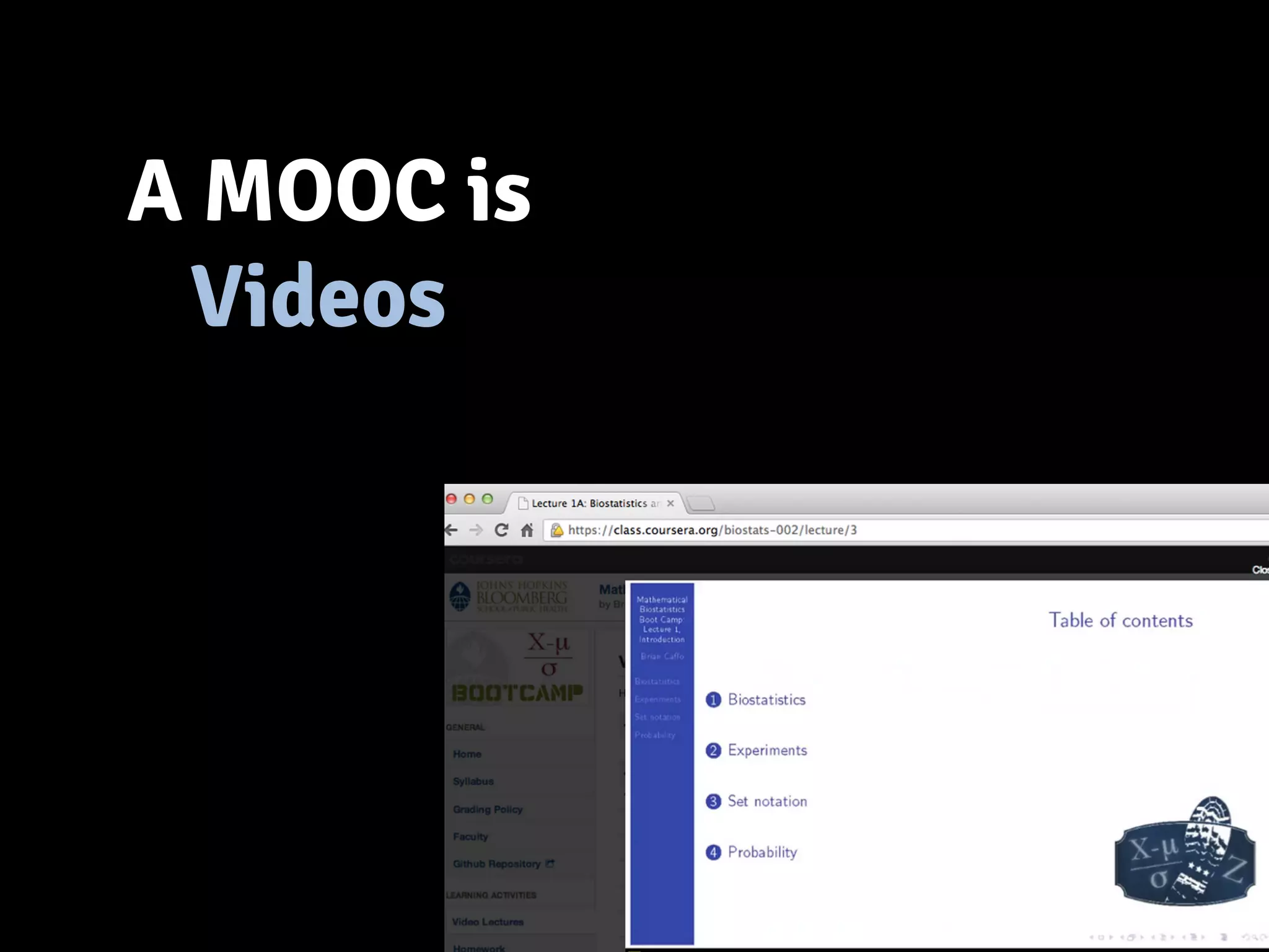 A MOOC is 
Videos 
 