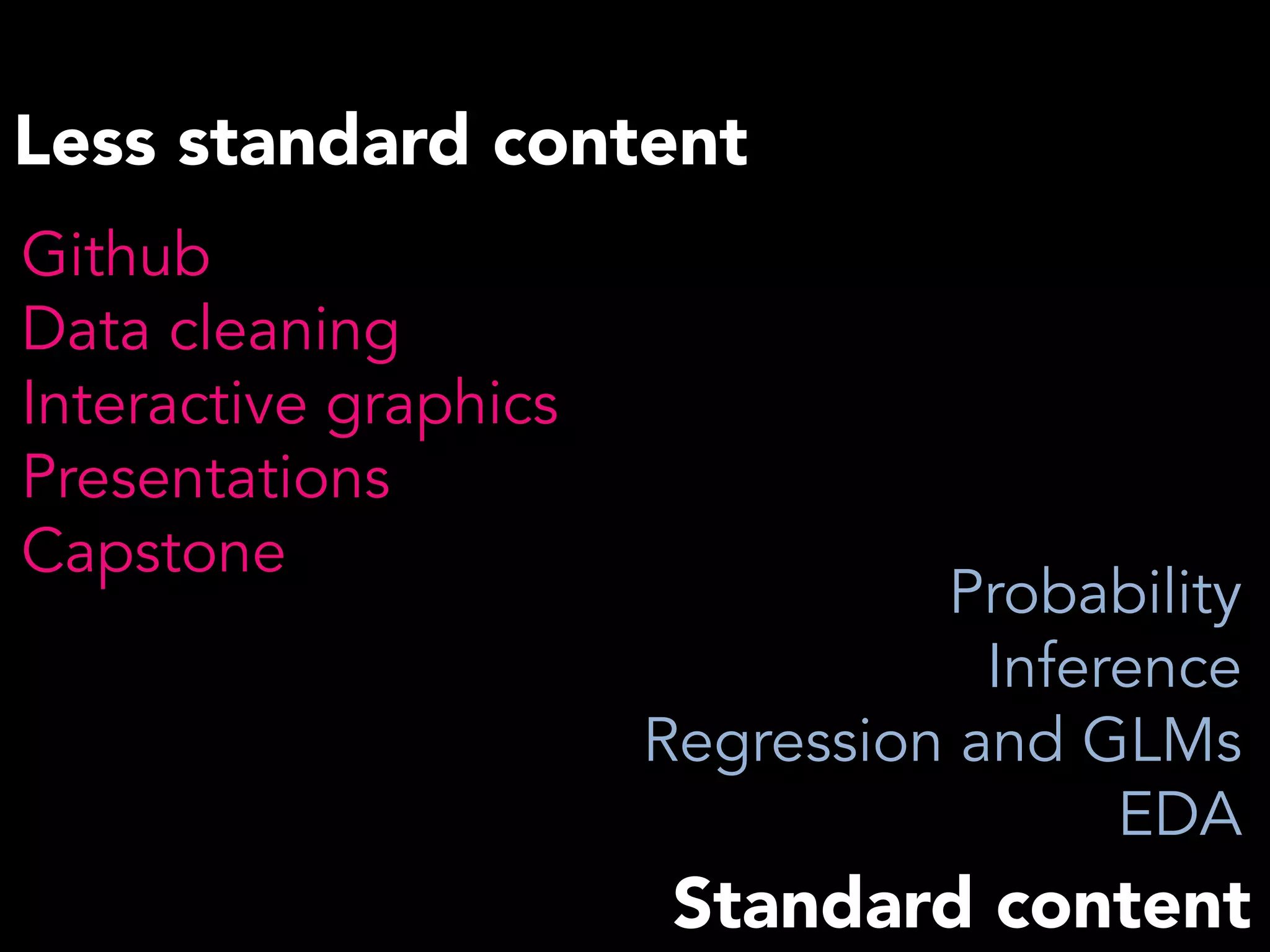 Less standard content 
Standard content 
Github 
Data cleaning 
Interactive graphics 
Presentations 
Capstone 
Probability 
Inference 
Regression and GLMs 
EDA 
 