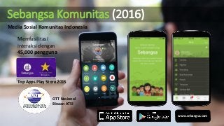 Sebangsa Komunitas (2016)
Memfasilitasi
interaksi dengan
45,000 pengguna
Top Apps Play Store 2015
www.sebangsa.com
OTT Nasional
Binaan ATSI
Media Sosial Komunitas Indonesia
 