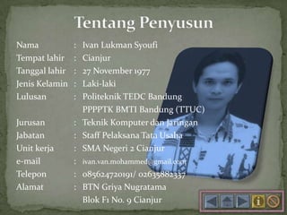 Nama : Ivan Lukman Syoufi
Tempat lahir : Cianjur
Tanggal lahir : 27 November 1977
Jenis Kelamin : Laki-laki
Lulusan : Politeknik TEDC Bandung
PPPPTK BMTI Bandung (TTUC)
Jurusan : Teknik Komputer dan Jaringan
Jabatan : Staff Pelaksana Tata Usaha
Unit kerja : SMA Negeri 2 Cianjur
e-mail : ivan.van.mohammed@gmail.com
Telepon : 085624720191/ 02635882337
Alamat : BTN Griya Nugratama
Blok F1 No. 9 Cianjur
 