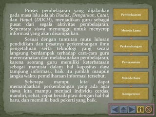 Proses pembelajaran yang dijalankan
pada masa lalu adalah Duduk, Dengarkan, Catat,
dan Hapal (DDCH), menjadikan guru sebagai
pusat dari segala aktivitas pembelajaran.
Sementara siswa menunggu untuk menyerap
informasi yang akan disampaikan.
Sesuai dengan tuntutan mutu lulusan
pendidikan dan pesatnya perkembangan ilmu
pengetahuan serta teknologi yang secara
langsung berdampak terhadap cara-cara guru
merencanakan dan melaksanakan pembelajaran,
karena seorang guru memiliki keterbatasan
sebagai manusia dalam hal kapasitas daya
tampung informasi, baik itu jumlah maupun
jangka waktu pemeliharaan informasi tersebut.
Seberapa mampu kita dapat
memanfaatkan perkembangan yang ada agar
siswa kita mampu menjadi individu cerdas,
mandiri, sehat, cepat beradaptasi dengan hal-hal
baru, dan memiliki budi pekerti yang baik.
 
