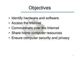 Objectives

•   Identify hardware and software
•   Access the Internet
•   Communicate over the Internet
•   Share home computer resources
•   Ensure computer security and privacy



                                           2
 