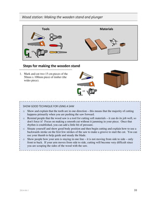 2014-04-1 10
Wood station: Making the wooden stand and plunger
Tools Materials
Steps for making the wooden stand
1. Mark and cut two 15 cm pieces of the
50mm x 100mm piece of timber (the
wider piece).
SHOW GOOD TECHNIQUE FOR USING A SAW
o Show and explain that the teeth are in one direction – this means that the majority of cutting
happens primarily when you are pushing the saw forward.
o Remind people that the wood saw is a tool for cutting soft materials – it can do its job well, so
don't force it! Focus on making a smooth cut without it jamming in your piece. Once that
rhythm is established, you can add a little bit of pressure.
o Situate yourself and show good body position and then begin cutting and explain how to use a
backwards stroke on the first few strokes of the saw to make a groove to start the cut. You can
use your thumb to help guide and steady the blade.
o Show people how your arm is staying in one line – it is not moving from side to side – only
front to back. If your arm moves from side to side, cutting will become very difficult since
you are scraping the sides of the wood with the saw.
or
or
 