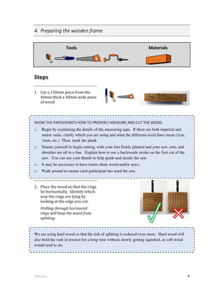 2014-04-2 4
4. Preparing the wooden frame
Tools Materials
Steps
1. Cut a 150mm piece from the
40mm thick x 40mm wide piece
of wood
SHOW THE PARTICIPANTS HOW TO PROPERLY MEASURE AND CUT THE WOOD.
o Begin by explaining the details of the measuring tape. If there are both imperial and
metric units, clarify which you are using and what the different-sized lines mean (1cm,
1mm, etc.) Then, mark the plank
o Situate yourself to begin cutting, with your feet firmly planted and your saw, arm, and
shoulder are all in a line. Explain how to use a backwards stroke on the first cut of the
saw. You can use your thumb to help guide and steady the saw.
o It may be necessary to have teams share wood and/or saws.
o Walk around to ensure each participant has used the saw.
2. Place the wood so that the rings
lie horizontally. Identify which
way the rings are lying by
looking at the edge you cut.
Drilling through horizontal
rings will keep the wood from
splitting.
We are using hard wood so that the risk of splitting is reduced even more. Hard wood will
also hold the rods in tension for a long time without slowly getting squished, as soft wood
would tend to do.
 