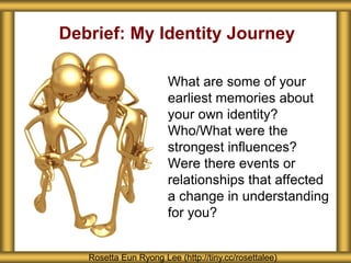 Debrief: My Identity Journey
What are some of your
earliest memories about
your own identity?
Who/What were the
strongest influences?
Were there events or
relationships that affected
a change in understanding
for you?
Rosetta Eun Ryong Lee (http://tiny.cc/rosettalee)
 
