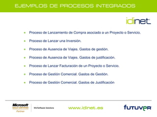 EJEMPLOS DE PROCESOS INTEGRADOS




  ● Proceso de Lanzamiento de Compra asociado a un Proyecto o Servicio.

  ● Proceso de Lanzar una Inversión.

  ● Proceso de Ausencia de Viajes. Gastos de gestión.

  ● Proceso de Ausencia de Viajes. Gastos de justificación.

  ● Proceso de Lanzar Facturación de un Proyecto o Servicio.

  ● Proceso de Gestión Comercial. Gastos de Gestión.

  ● Proceso de Gestión Comercial. Gastos de Justificación




                             www.idinet.es
 