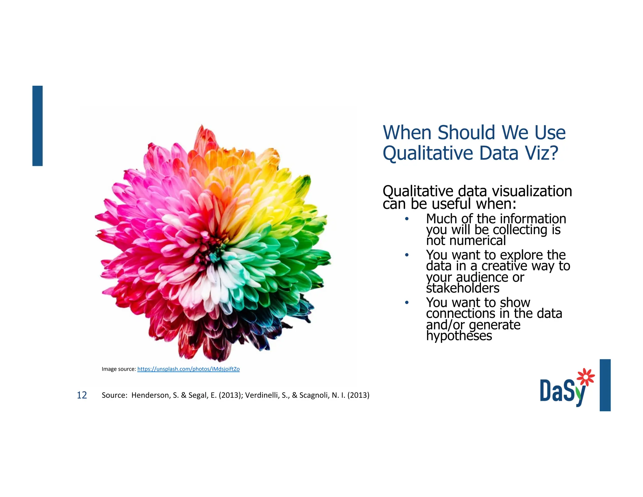 12
When Should We Use
Qualitative Data Viz?
Qualitative data visualization
can be useful when:
• Much of the information
you will be collecting is
not numerical
• You want to explore the
data in a creative way to
your audience or
stakeholders
• You want to show
connections in the data
and/or generate
hypotheses
Source: Henderson, S. & Segal, E. (2013); Verdinelli, S., & Scagnoli, N. I. (2013)
Image source: https://unsplash.com/photos/iMdsjoiftZo
 