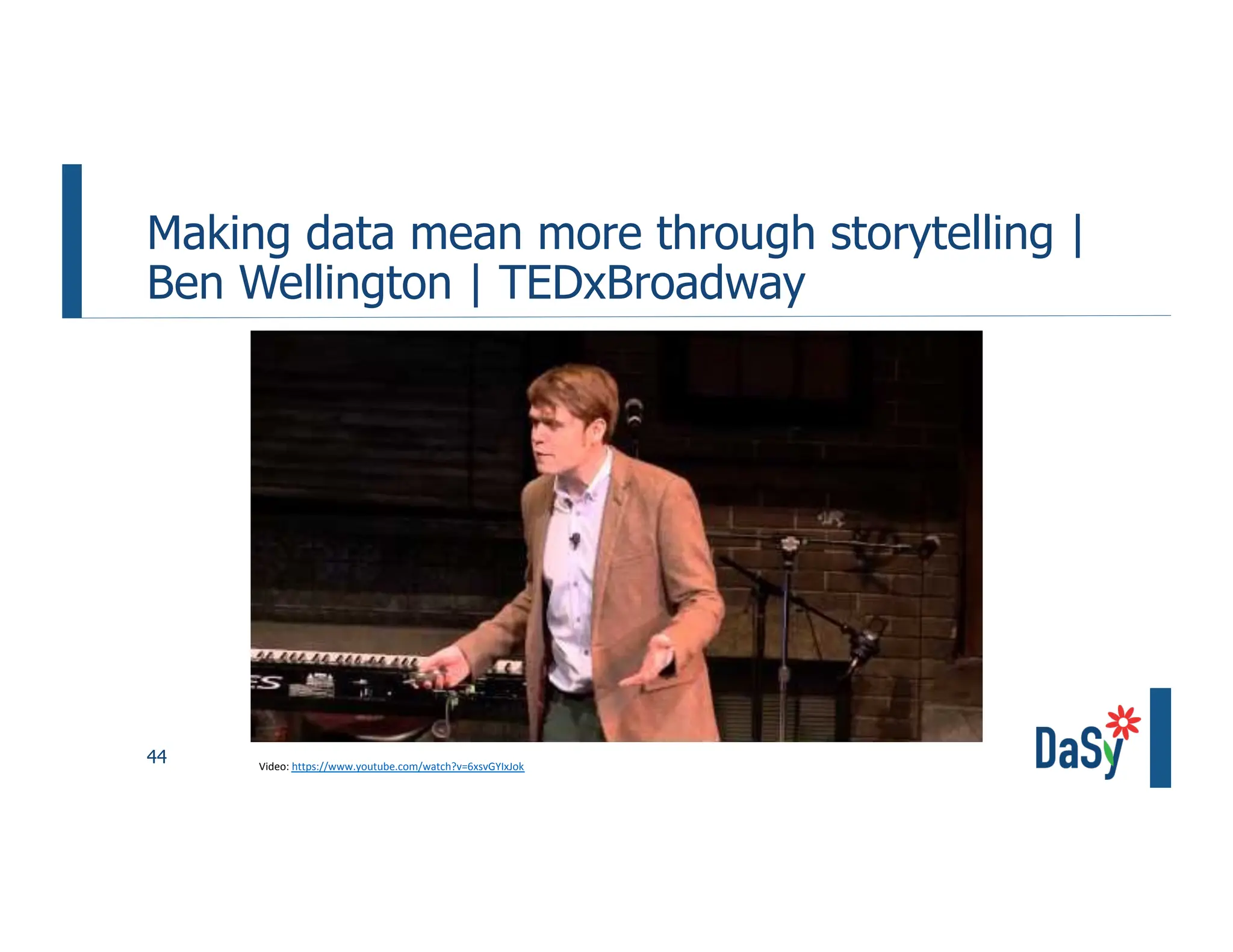 44
Making data mean more through storytelling |
Ben Wellington | TEDxBroadway
Video: https://www.youtube.com/watch?v=6xsvGYIxJok
 