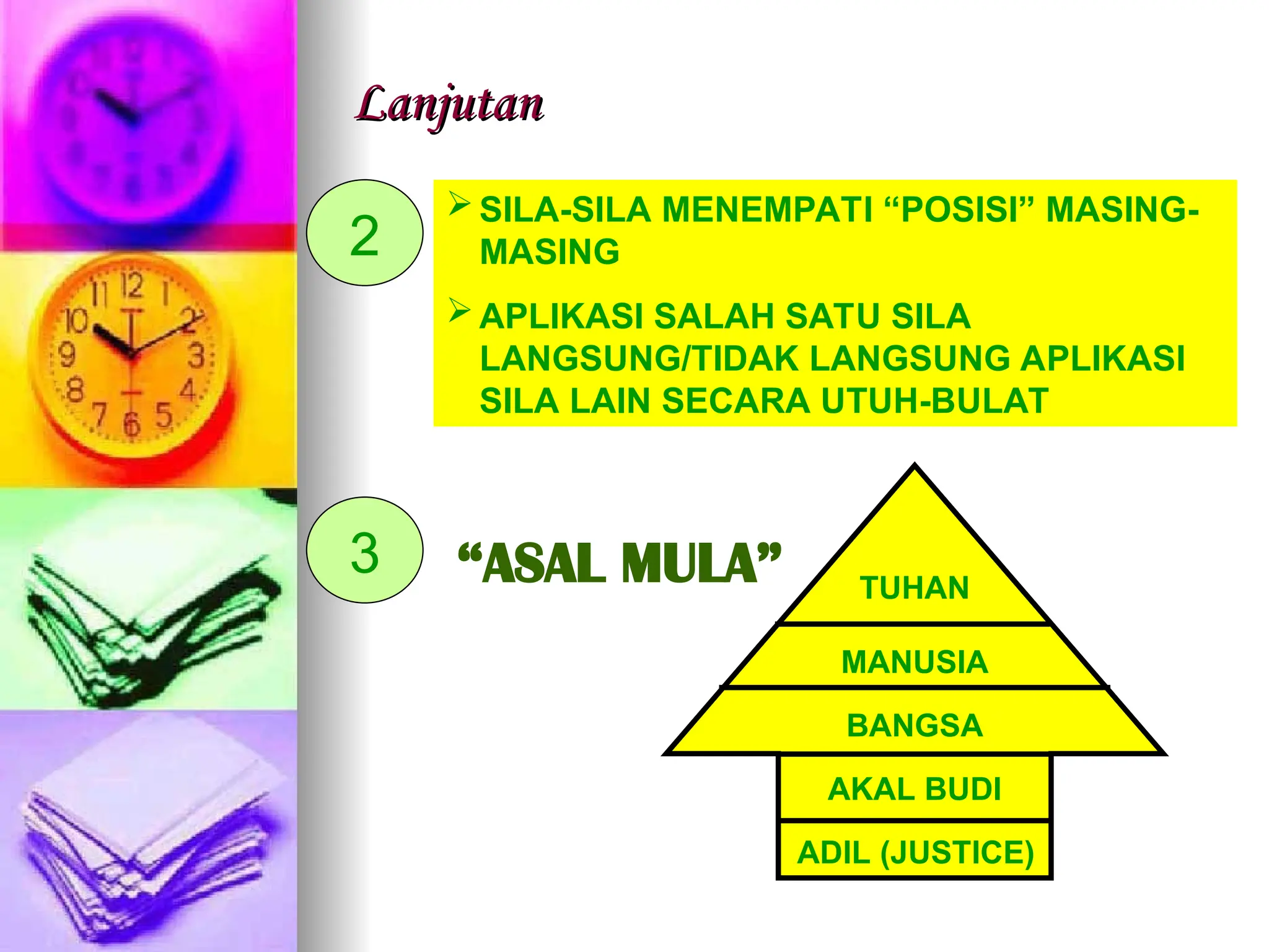 Lanjutan
Lanjutan
2
SILA-SILA MENEMPATI “POSISI” MASING-
MASING
APLIKASI SALAH SATU SILA
LANGSUNG/TIDAK LANGSUNG APLIKASI
SILA LAIN SECARA UTUH-BULAT
3 TUHAN
MANUSIA
BANGSA
AKAL BUDI
ADIL (JUSTICE)
“ASAL MULA”
 