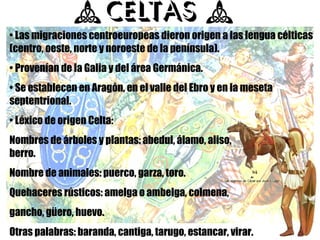 Las migraciones centroeuropeas dieron origen a las lengua célticas (centro, oeste, norte y noroeste de la península). Provenían de la Galia y del área Germánica. Se establecen en Aragón, en el valle del Ebro y en la meseta septentrional. Léxico de origen Celta: Nombres de árboles y plantas: abedul, álamo, aliso,  berro. Nombre de animales: puerco, garza, toro. Quehaceres rústicos: amelga o ambelga, colmena,  gancho, güero, huevo. Otras palabras: baranda, cantiga, tarugo, estancar, virar. 