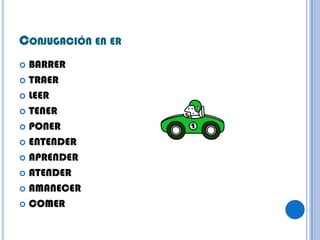CONJUGACIÓN EN ER
 BARRER
 TRAER

 LEER

 TENER

 PONER

 ENTENDER

 APRENDER

 ATENDER

 AMANECER

 COMER
 