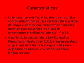 Características La lengua maya de Yucatán, abunda en sonidos consonánticos sordos. Una característica notable del maya yucateco, que comparte con muchas otras lenguas mayenses, es el uso de consonantes glotalizadas (como  p', t',  y  k' ). A partir de la creación de la Ley General de Derechos Lingüísticos en 2003, el maya yucateco, al igual que el resto de las lenguas indígenas originarias de México, es reconocida como lengua nacional. 
