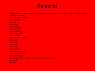 Palabras Algunas palabras frecuentemente usadas y entremezcladas aún en la época actual con el español que se habla en Yucatán: Puch : aplastar o aplastado Tuch : ombligo T'el : gallo Much : sapo Tunich : piedra Nojoch : grande Báaxal : juguete Mulix : pelo rizado Hanal : comida Pixan : Muerto o espíritu Kirits : sucio Ka' al : feo Max : mono Otoch : casa Alux : duende Chel : rubio, de pelo claro Chich , o  chichi : abuela Soots : murciélago Uay : Brujo (también se dice esto como emoción de sorpresa) Míis :escoba Mis :gato 