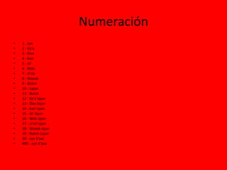 Numeración 1 - Jun 2 - Ka'a 3 - Óox 4 - Kan 5 - Jo' 6 - Wak 7 - U'uk 8 - Waxak 9 - Bolon 10 - Lajun 11 - Buluk 12 - Ka'a lajun 13 - Óox lajun 14 - Kan lajun 15 - Jo' lajun 16 - Wak lajun 17 - U'uk lajun 18 - Waxak lajun 19 - Bolon Lajun 20 - Jun K'aal 400 - Jun K'aax  
