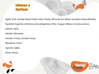 Idiomas e
            destinos

Inglês: EUA, Canadá, Reino Unido, Índia, Irlanda, África do Sul, Malta, Austrália e Nova Zelândia.

Espanhol: Espanha e América Latina (Argentina, Chile, Uruguai, México e muitos outros).

Italiano: Itália.

Alemão: Alemanha.

Francês: França, Canadá e Suíça.

Mandarim: China.

Japonês: Japão.

Russo: Rússia.
 