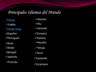 Principales Idiomas del Mundo 
Chino 
Inglés 
Hindi-Urdu 
Español 
Portugués 
Ruso 
Árabe 
Bengalí 
Japonés 
Francés 
Alemán 
Wu 
Javanés 
Coreano 
Italiano 
Marathi 
Telugu 
Tamil 
Cantonés 
Ucraniano 
 