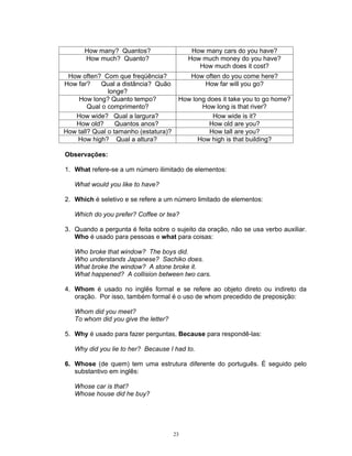How many? Quantos?                     How many cars do you have?
      How much? Quanto?                     How much money do you have?
                                               How much does it cost?
 How often? Com que freqüência?             How often do you come here?
How far?    Qual a distância? Quão              How far will you go?
               longe?
    How long? Quanto tempo?             How long does it take you to go home?
        Qual o comprimento?                    How long is that river?
   How wide? Qual a largura?                       How wide is it?
   How old?       Quantos anos?                   How old are you?
How tall? Qual o tamanho (estatura)?              How tall are you?
    How high? Qual a altura?                  How high is that building?

Observações:

1. What refere-se a um número ilimitado de elementos:

   What would you like to have?

2. Which é seletivo e se refere a um número limitado de elementos:

   Which do you prefer? Coffee or tea?

3. Quando a pergunta é feita sobre o sujeito da oração, não se usa verbo auxiliar.
   Who é usado para pessoas e what para coisas:

   Who broke that window? The boys did.
   Who understands Japanese? Sachiko does.
   What broke the window? A stone broke it.
   What happened? A collision between two cars.

4. Whom é usado no inglês formal e se refere ao objeto direto ou indireto da
   oração. Por isso, também formal é o uso de whom precedido de preposição:

   Whom did you meet?
   To whom did you give the letter?

5. Why é usado para fazer perguntas, Because para respondê-las:

   Why did you lie to her? Because I had to.

6. Whose (de quem) tem uma estrutura diferente do português. É seguido pelo
   substantivo em inglês:

   Whose car is that?
   Whose house did he buy?




                                       23
 