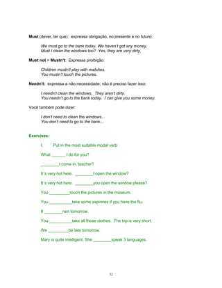 Must (dever, ter que): expressa obrigação, no presente e no futuro:

      We must go to the bank today. We haven’t got any money.
      Must I clean the windows too? Yes, they are very dirty.

Must not = Mustn’t: Expressa proibição:

      Children mustn’t play with matches.
      You mustn’t touch the pictures.

Needn’t: expressa a não necessidade; não é preciso fazer isso:

      I needn’t clean the windows. They aren’t dirty.
      You needn’t go to the bank today. I can give you some money.

Você também pode dizer:

      I don’t need to clean the windows...
      You don’t need to go to the bank...


Exercises:

      I.     Put in the most suitable modal verb:

      What ______ I do for you?

      ________I come in, teacher?

      It´s very hot here. ________I open the window?

      It´s very hot here. ________you open the window please?

      You _________touch the pictures in the museum.

      You __________take some aspirines if you have the flu.

      It ________rain tomorrow.

      You __________take all those clothes. The trip is very short.

      We _________be late tomorrow.

      Mary is quite intelligent. She ________speak 3 languages.




                                             32
 
