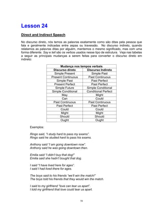Lesson 24
Direct and Indirect Speech

No discurso direto, nós temos as palavras exatamente como são ditas pela pessoa que
fala e geralmente indicadas entre aspas ou travessão. No discurso indireto, quando
relatamos as palavras ditas por alguém, mantemos o mesmo significado, mas com uma
forma diferente. Say e tell são os verbos usados nesse tipo de estrutura. Veja nas tabelas
a seguir as principais mudanças a serem feitas para converter o discurso direto em
indireto:

                             Mudança nos tempos verbais
                        Discurso direto      Discurso Indireto
                         Simple Present         Simple Past
                       Present Continuous     Past Continuous
                           Simple Past          Past Perfect
                         Present Perfect        Past Perfect
                          Simple Future      Simple Conditional
                       Simple Conditional    Conditional Perfect
                              May                   Might
                               Can                 Could
                        Past Continuous       Past Continuous
                           Past Perfect         Past Perfect
                              Could                Could
                              Might                 Might
                             Should               Should
                             Ought                 Ought

      Exemplos:

      Ringo said, “I study hard to pass my exams”.
      Ringo said he studied hard to pass his exams.

      Anthony said “I am going downtown now”.
      Anthony said he was going downtown then.

      Emilia said “I didn’t buy that dog!”
      Emilia said she hadn’t bought that dog.

      I said “I have lived here for ages”.
      I said I had lived there for ages.

      The boys said to his friends “we’ll win the match!”
      The boys told his friends that they would win the match.

      I said to my girlfriend “love can tear us apart”.
      I told my girlfriend that love could tear us apart.


                                               58
 