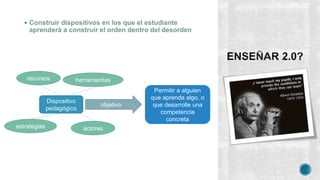 Dispositivo
pedagógico
herramientas
estrategias actores
recursos
Permitir a alguien
que aprenda algo, o
que desarrolle una
competencia
concreta
objetivo
 