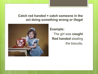 Catch red handed = catch someone in the
act doing something wrong or illegal
Example:
The girl was caught
Red handed stealing
the biscuits.
 