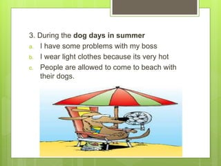 3. During the dog days in summer
a. I have some problems with my boss
b. I wear light clothes because its very hot
c. People are allowed to come to beach with
their dogs.
 