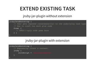 EXTEND EXISTING TASK
jruby-jar-plugin without extension
jrubyJavaBootstrap {
// User gets exposed (unnecessarily) to the underlying task type
// Has to craft too much glue code
from( {
// @#$$!!-ugly code goes here
} )
}
jruby-jar-plugin with extension
jrubyJavaBootstrap {
// Expressing intent & context.
jruby {
initScript = 'bin/asciidoctor'
}
}
 