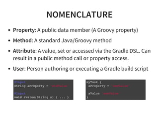 NOMENCLATURE
Property: A public data member (A Groovy property)
Method: A standard Java/Groovy method
Attribute: A value, set or accessed via the Gradle DSL. Can
result in a public method call or property access.
User: Person authoring or executing a Gradle build script
@Input
String aProperty = 'stdValue'
@Input
void aValue(String s) { ... }
myTask {
aProperty = 'newValue'
aValue 'newValue'
}
 