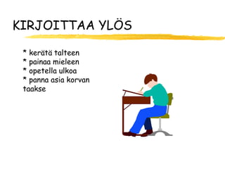 KIRJOITTAA YLÖS

 * kerätä talteen
 * painaa mieleen
 * opetella ulkoa
 * panna asia korvan
 taakse
 