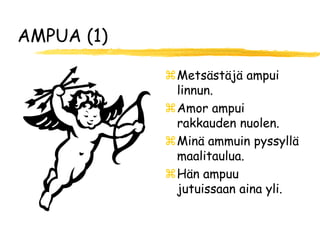 AMPUA (1)

            Metsästäjä ampui
             linnun.
            Amor ampui
             rakkauden nuolen.
            Minä ammuin pyssyllä
             maalitaulua.
            Hän ampuu
             jutuissaan aina yli.
 