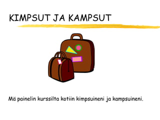 KIMPSUT JA KAMPSUT




Mä painelin kurssilta kotiin kimpsuineni ja kampsuineni.
 