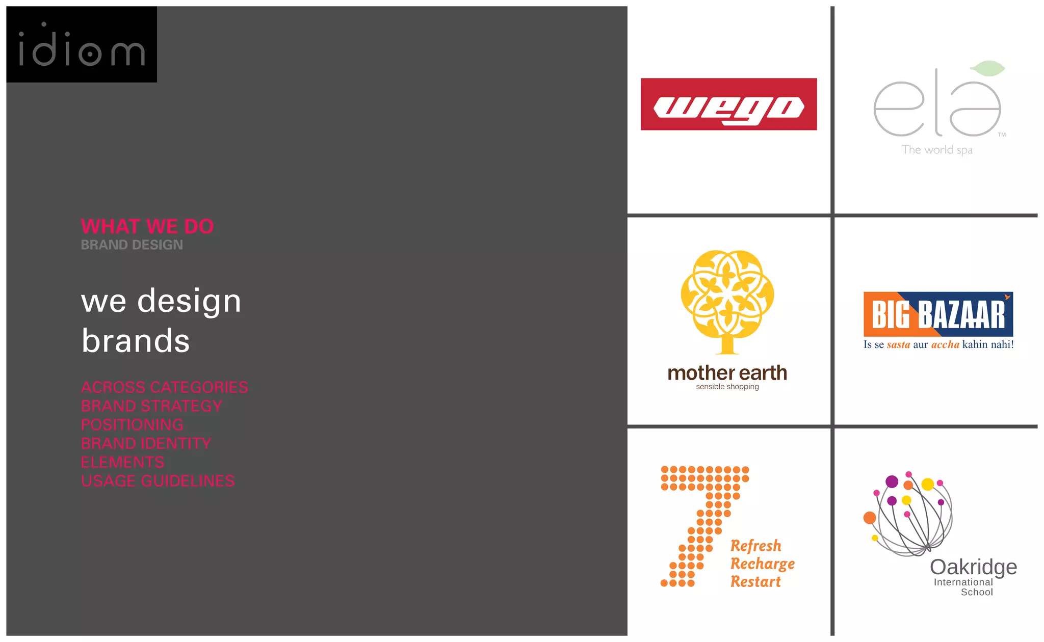 WHAT WE DO
BRAND DESIGN



we design
brands
ACROSS CATEGORIES
BRAND STRATEGY
POSITIONING
BRAND IDENTITY
ELEMENTS
USAGE GUIDELINES
 