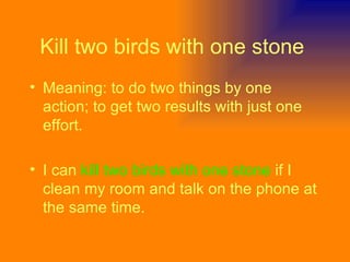Kill two birds with one stone   Meaning: to do two things by one action; to get two results with just one effort.  I can   kill two birds with one stone   if I clean my room and talk on the phone at the same time.  