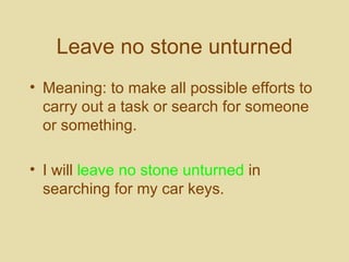 Leave no stone unturned Meaning: to make all possible efforts to carry out a task or search for someone or something.   I will   leave no stone unturned   in searching for my car keys.  