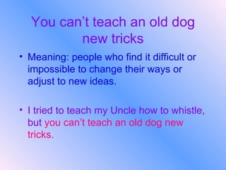 You can’t teach an old dog new tricks Meaning: people who find it difficult or impossible to change their ways or adjust to new ideas.   I tried to teach my Uncle how to whistle, but   you can’t teach an old dog new tricks.   