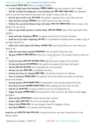 Want more Updates  http://facebook.com/tanbir.ebooks
facebook /gmail/skype: - http://tanbircox.blogspot.com
when touched, অন্ত:঳ায ঱ূনয) :Politics is an apple of Sodom.
At [rm’s l_natb ([w[y `rom `[mili[rity ঩রযরচরেয আড়ারর): K__p your _n_mi_s [t [rm’s l_natb.
Bell the cat (take the leading part in any hazardous job, করিন কারজয তনেৃত্ব তদও৞া): The opposition
wants to oust the Prime Minister from power but nobody is ready to bell the cat.
Bite the dust (to fall; to die, ভাযা মাও৞া): The greatest conquerors have at last bitten the dust.
Black and blue (severely, রনদথ৞বারফ): The teacher beat the boy black and blue.
Between the cup and lip (between hope and reality, স্ব঩ড়ফ এফং ফাস্তফোয ভারঝ): There is many a slip
between the cup and lip.
Birds of same feather (persons of similar habits, একই যকভ চরযরেয): Birds of the same feather flock
together.
Bread and butter (livelihood, জীরফকা): Everybody works hard for his bread and butter.
Break the ice (to make a beginning, শুরু কযা): In an atmosphere of pindrop silence, sudden crying of
the baby broke the ice.
Butt_r on_’s wor^s (sp_[k witb `l[tt_ry, তোলারভাদ কযা): Pl_[s_ ^on’t utt_r your wor^s wb_n you
speak to me.
Below the mark (below standard, রনভড়ফভারনয): The new clerk is below the mark.
Big guns (নাভকযা ফা রফর঱ষ্ট ফযরিগি)ঃ There are so many big urns in the country: beware of what you
say.
By fits and starts (ভারঝ ভারঝ খুফ উদযরভয ঳ারথ)ঃ He shows great energy by fits and starts.
By leaps and bounds (খুফ দ্রুেগরেরে)ঃ The country has progressed by leaps and hounds.
Bid fari (঳ম্ভফ ফরর তফাধ ঴ও৞া): The scheme bids fair to be successful.
Between two fires (উব৞ ঳ঙ্কি): I am between two fires.
Between the horns of a dilemma (উব৞ ঳ঙ্কি): I am between the horns of a dilemma.
Bone of contention (রফফারদয কাযি): The property left by their father was a bone of contention
between the brothers.
Burning question (ফযা঩ক আররারচে রফল৞): Unemployment is the burning question of the day.
Beat about the bush (অপ্রা঳রঙ্গক আররাচনা কযা)ঃ While [rauina, ^on’t _[t [out tb_ usb.
Beat the air (ফৃা শ্রভ কযা): In trying to defeat me you are only beating the air.
Beggar descriptio (অফিথনী৞ ঴ও৞া)ঃ Tb_ ^_v[st[tion’s o` tb_ cyclone in the offshore islands beggar
description.
Black and blue (রনদারুিবারফ)ঃ He beat the boy black and blue.
Bring to light (প্রকা঱ কযা): The secret was brought to light.
Bring to book (রেযস্কায কযা) : He was brought to book for negligence of duty.
Blue blood (অরবজােয) : He is pround of his blue blood.
Break the ice ( ) :It seemed that there was none to break the ice in the
delicate matter.
 