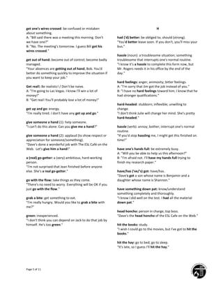 Page 5 of 11
get one's wires crossed: be confused or mistaken
about something.
A: "Bill said there was a meeting this morning. Don't
we have one?"
B: "No. The meeting's tomorrow. I guess Bill got his
wires crossed."
get out of hand: become out of control; become badly
managed.
"Your absences are getting out of hand, Bob. You'd
better do something quickly to improve the situation if
you want to keep your job."
Get real!: Be realistic! / Don't be naive.
A: "I'm going to Las Vegas. I know I'll win a lot of
money!"
B: "Get real! You'll probably lose a lot of money!"
get up and go: energy.
"I'm really tired. I don't have any get up and go."
give someone a hand (1): help someone.
"I can't do this alone. Can you give me a hand?"
give someone a hand (2): applaud (to show respect or
appreciation for someone/something).
"Dave's done a wonderful job with The ESL Café on the
Web. Let's give him a hand!"
a (real) go-getter: a (very) ambitious, hard-working
person.
"I'm not surprised that Jean finished before anyone
else. She's a real go-getter."
go with the flow: take things as they come.
"There's no need to worry. Everything will be OK if you
just go with the flow."
grab a bite: get something to eat.
"I'm really hungry. Would you like to grab a bite with
me?"
green: inexperienced.
"I don't think you can depend on Jack to do that job by
himself. He's too green."
H
had ('d) better: be obliged to; should (strong).
"You'd better leave soon. If you don't, you'll miss your
bus."
hassle (noun): a troublesome situation; something
troublesome that interrupts one's normal routine.
"I know it's a hassle to complete this form now, but
Mr. Rogers needs it in his office by the end of the
day."
hard feelings: anger; animosity; bitter feelings.
A: "I'm sorry that Jim got the job instead of you."
B: "I have no hard feelings toward him; I know that he
had stronger qualifications."
hard-headed: stubborn; inflexible; unwilling to
change.
"I don't think Julie will change her mind. She's pretty
hard-headed."
hassle (verb): annoy; bother; interrupt one's normal
routine.
"If you'd stop hassling me, I might get this finished on
time!"
have one's hands full: be extremely busy.
A: "Will you be able to help us this afternoon?"
B: "I'm afraid not. I'll have my hands full trying to
finish my research paper."
have/has ('ve/'s) got: have/has.
"Dave's got a son whose name is Benjamin and a
daughter whose name is Shannon."
have something down pat: know/understand
something completely and thoroughly.
"I know I did well on the test. I had all the material
down pat."
head honcho: person in charge; top boss.
"Dave's the head honcho of the ESL Cafe on the Web."
hit the books: study.
"I wish I could go to the movies, but I've got to hit the
books."
hit the hay: go to bed; go to sleep.
"It's late, so I guess I'll hit the hay."
 