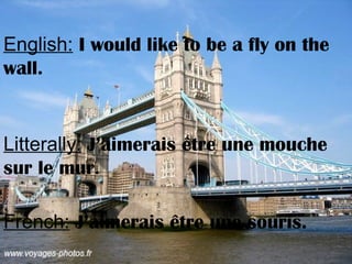 English: I would like to be a fly on the
wall.
Litterally: J’aimerais être une mouche
sur le mur.
French: J’aimerais être une souris.
 