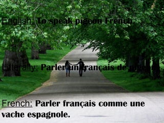 English: To speak pigeon French.
Litterally: Parler un français de pigeon.
French: Parler français comme une
vache espagnole.
 